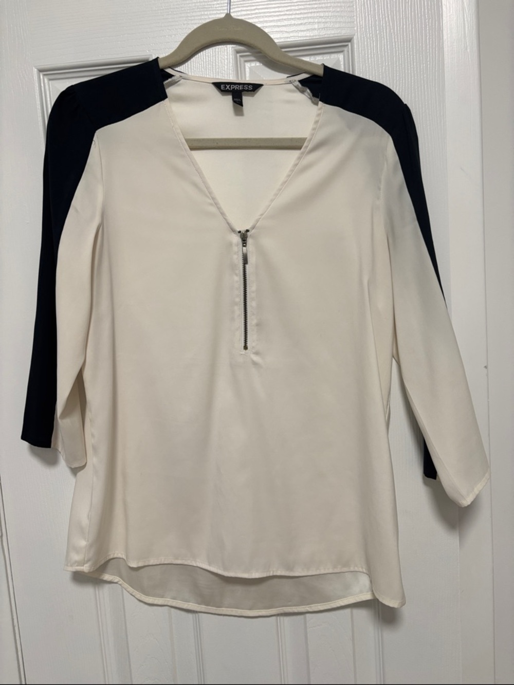 Express Cream and Black Zip V-Neck Blouse